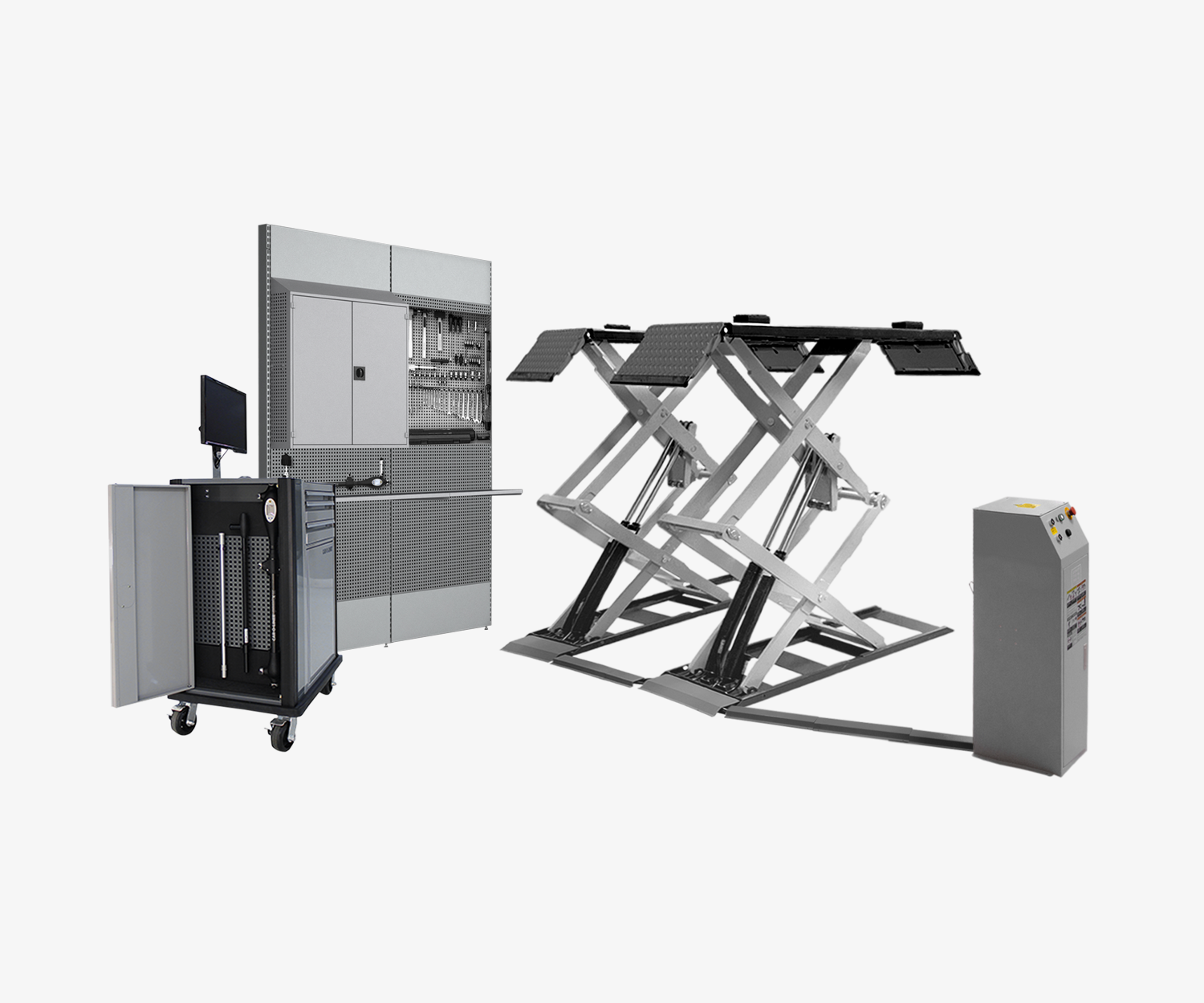 CDS™35 Double Scissor Lift, the PointX® II with storage wagon, and a WSS 2-wall module with storage cabinets and hooks for equipment