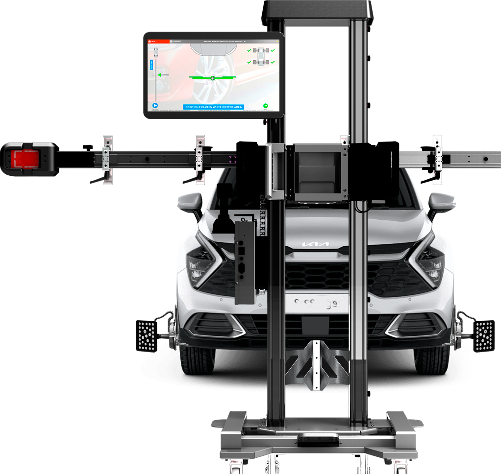 A Kia with ADAS targets behind a Car-O-Liner Tru-Point ADAS Calibration Machine